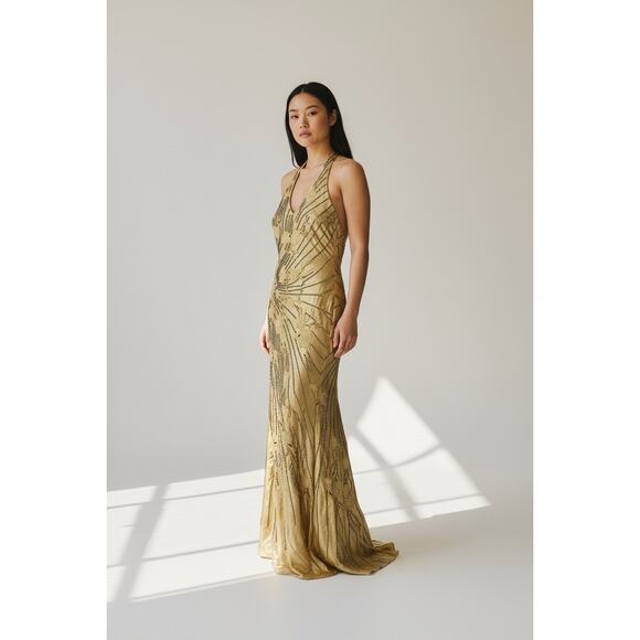 Sue Wong Nocturne Y2K Beaded Embroidered Gold Silk Gown size 8 - Picture 1 of 12